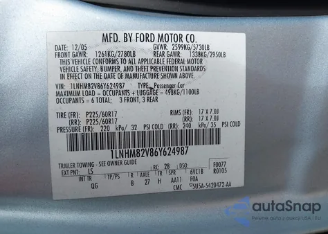 2006 Lincoln Town Car Signature Limited из США, поврежденный, VIN 1LNHM82V86Y624987